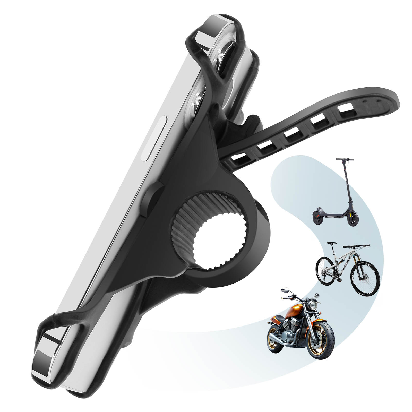 Supporto per telefono nero con un telefono. Grafica di scooter, bici e moto sullo sfondo.
