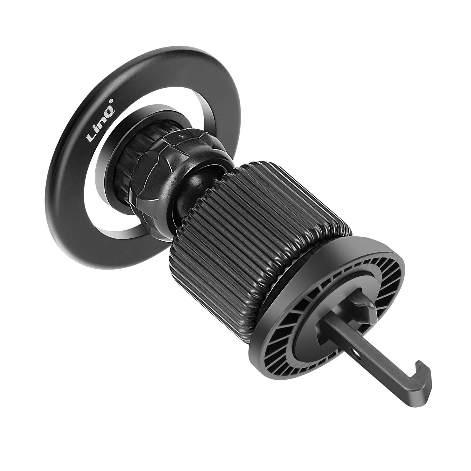 Un supporto nero per telefono da auto. Ha un anello, un cilindro scanalato e un pezzo a forma di gancio.