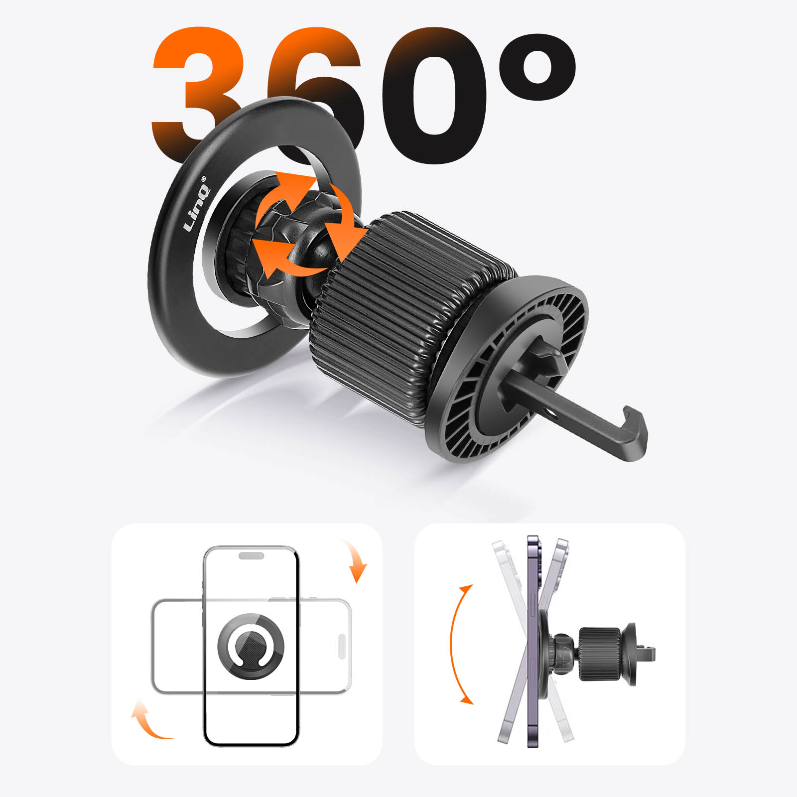 Supporto per telefono per auto con rotazione a 360 gradi. Mostra azioni di rotazione e inclinazione. Schema colori nero e arancione.