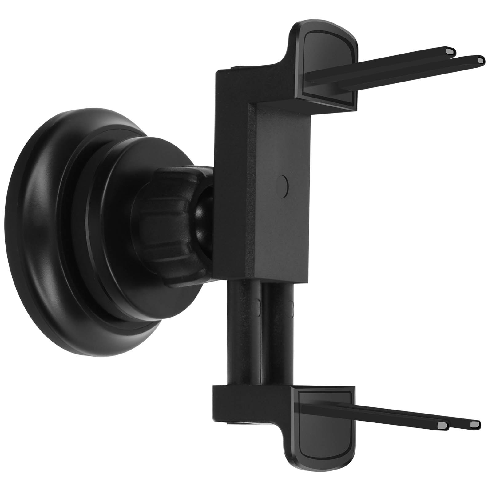 Supporto nero per telefono da auto. Base a ventosa e bracci regolabili per bocchette.