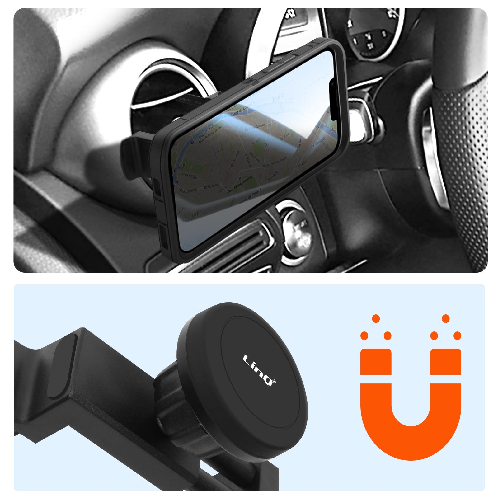 Un telefono in un supporto per auto mostra una mappa. Sotto è mostrato un supporto magnetico nero con un simbolo di calamita arancione.
