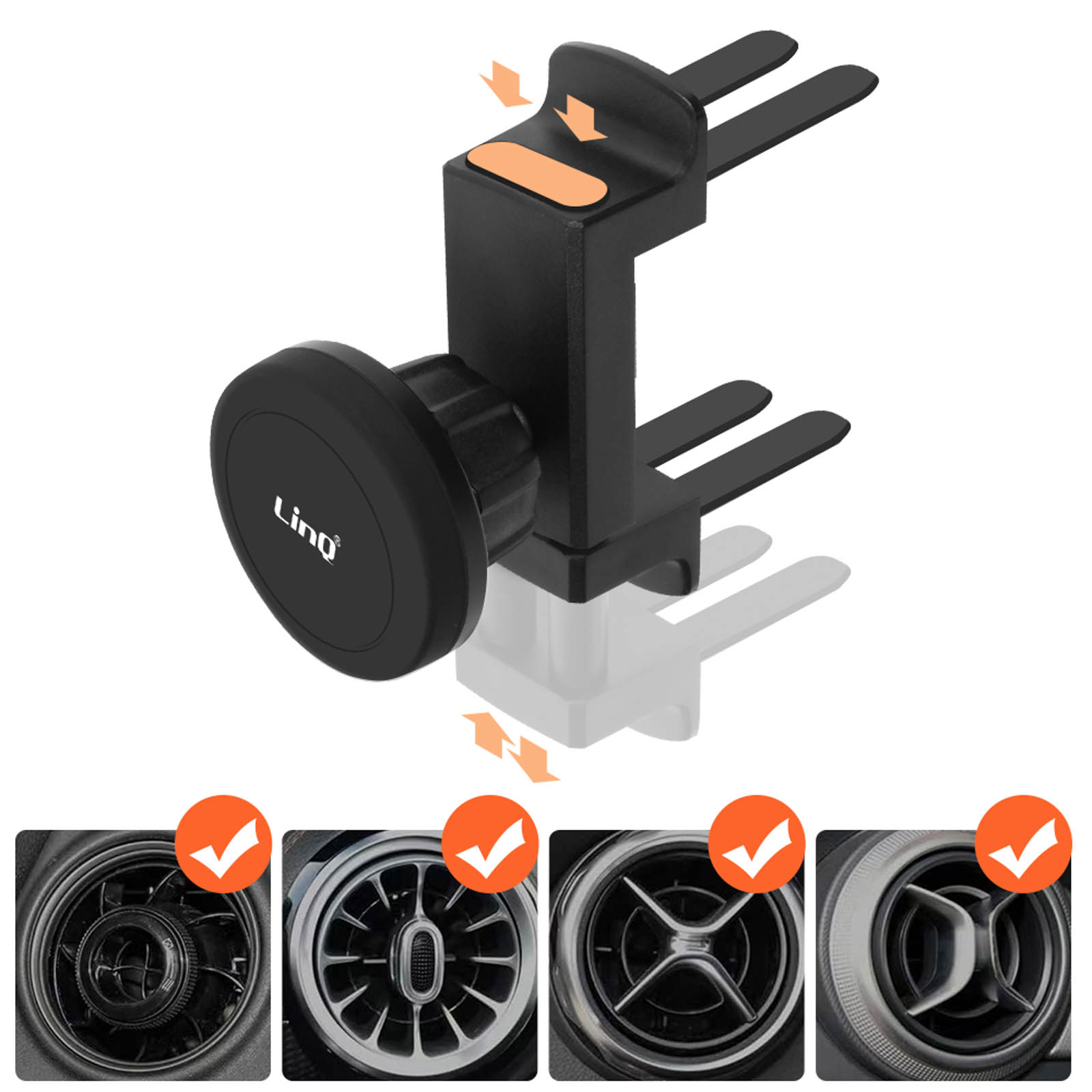 Supporto per telefono per bocchetta auto nero. Include supporto magnetico per telefono, clip per bocchetta e quattro esempi di stili di bocchetta.