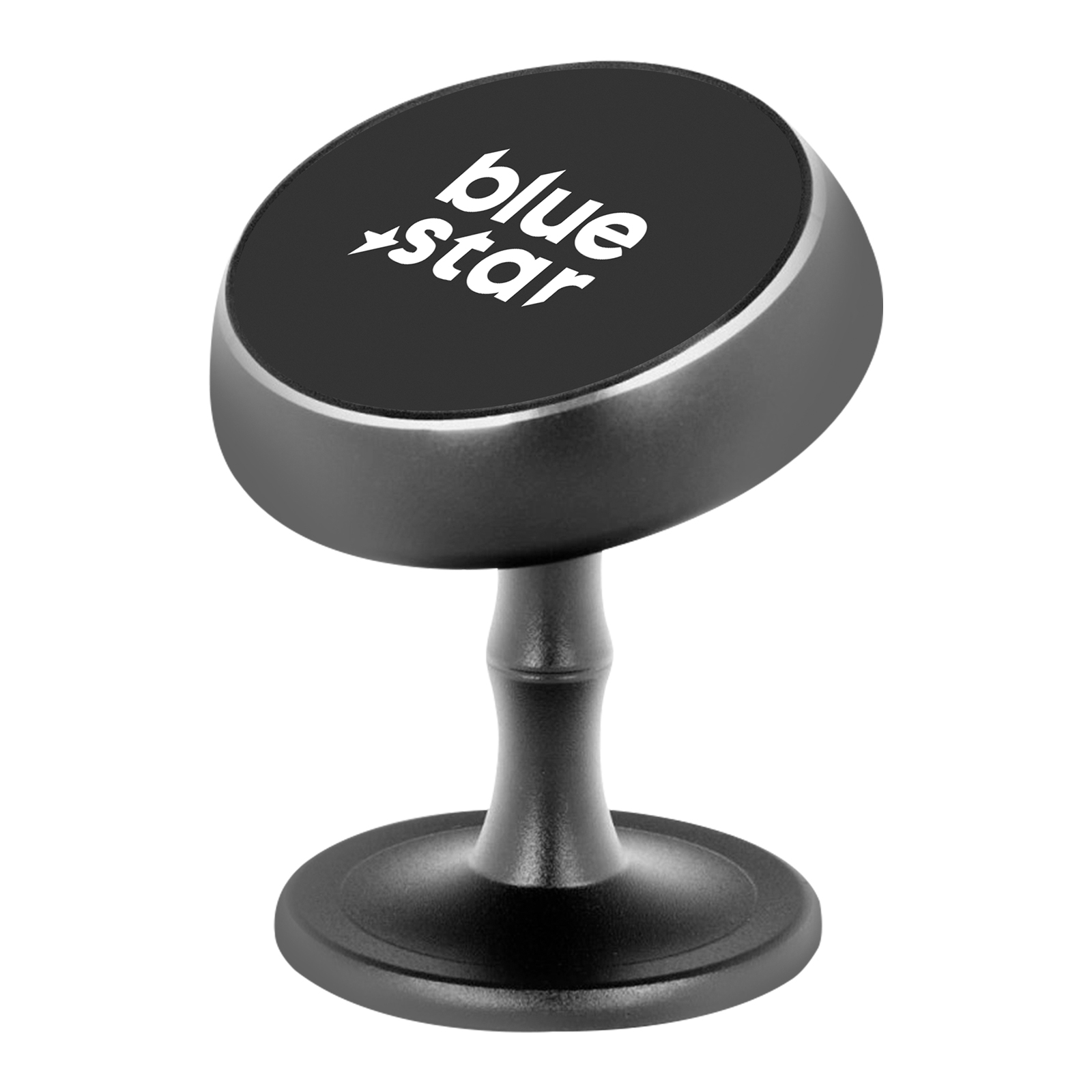 Un supporto nero per telefono da auto con la parte superiore circolare. C'è scritto blue star.