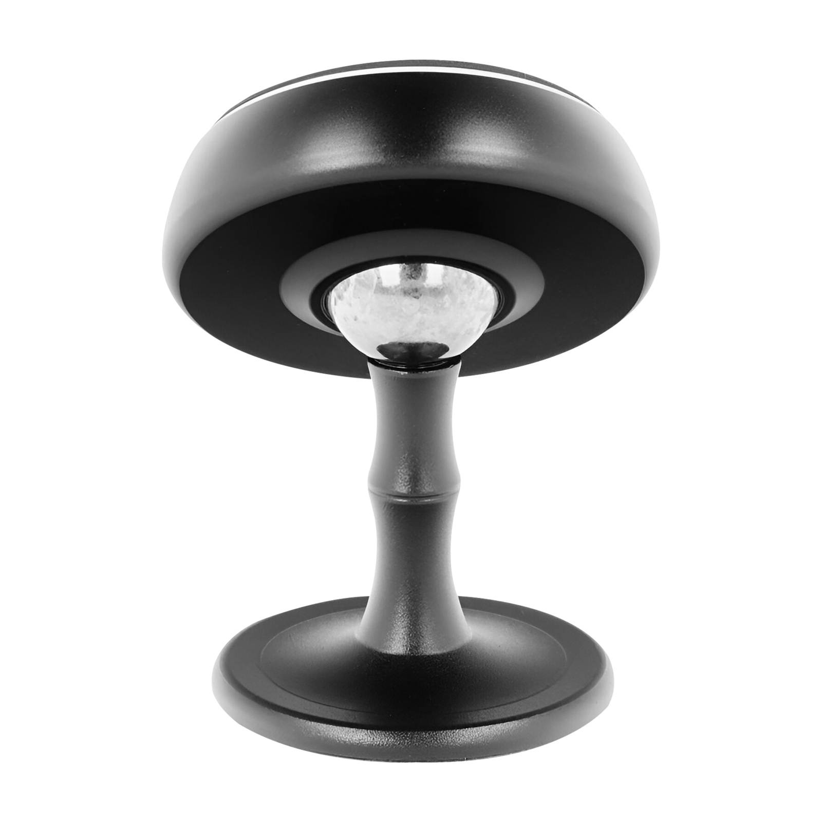 Una lampada nera con base rotonda, stelo e parte superiore con sfera argentata.