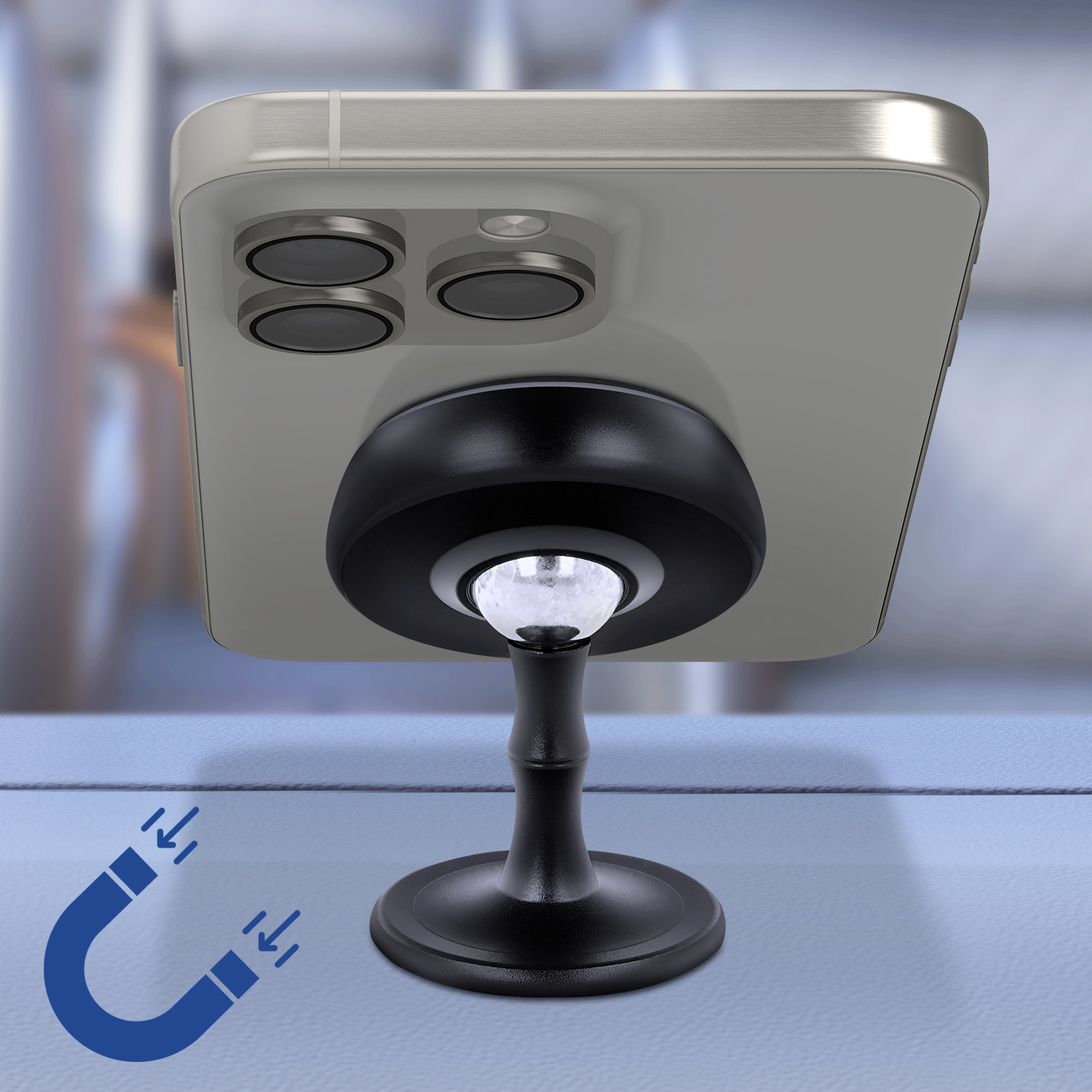 Telefono collegato a un supporto. Il telefono è argento, il supporto è nero. Un simbolo magnetico blu è a sinistra.
