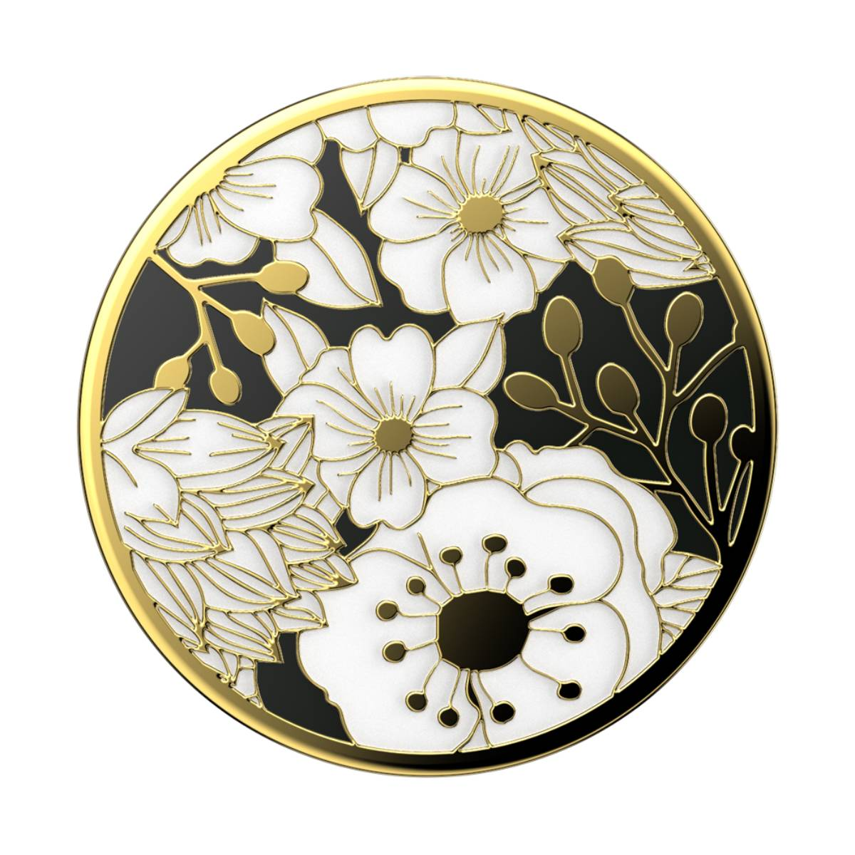 Design circolare con fiori bianchi, contorni dorati e sfondo nero. Bordo e dettagli dorati sui petali bianchi.