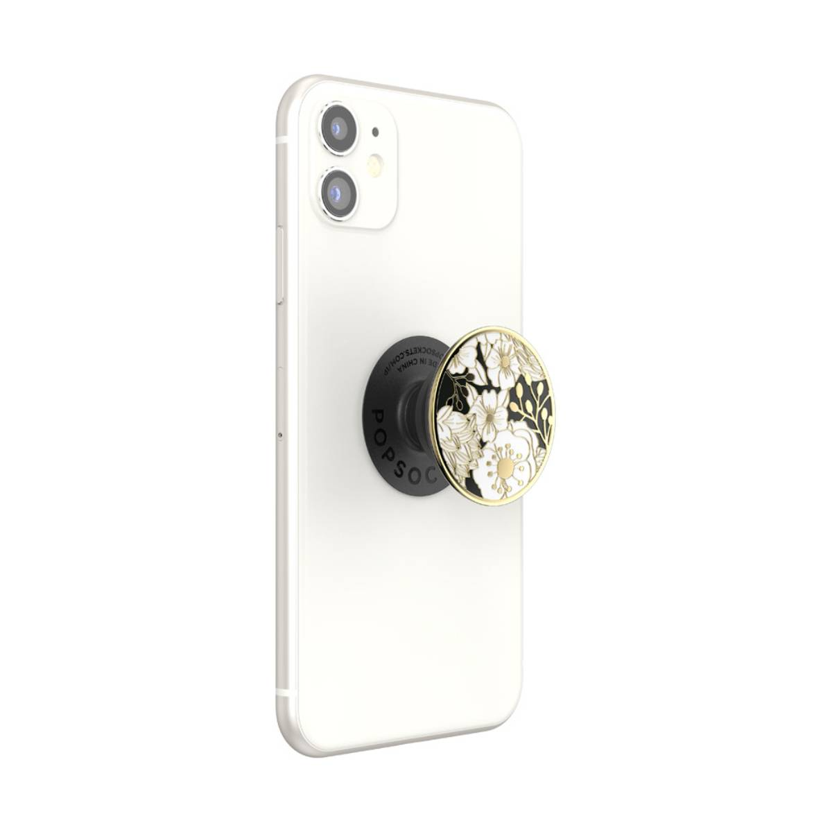 Un iPhone bianco con un PopSocket floreale. Il PopSocket ha uno sfondo nero con un design floreale bianco e oro.