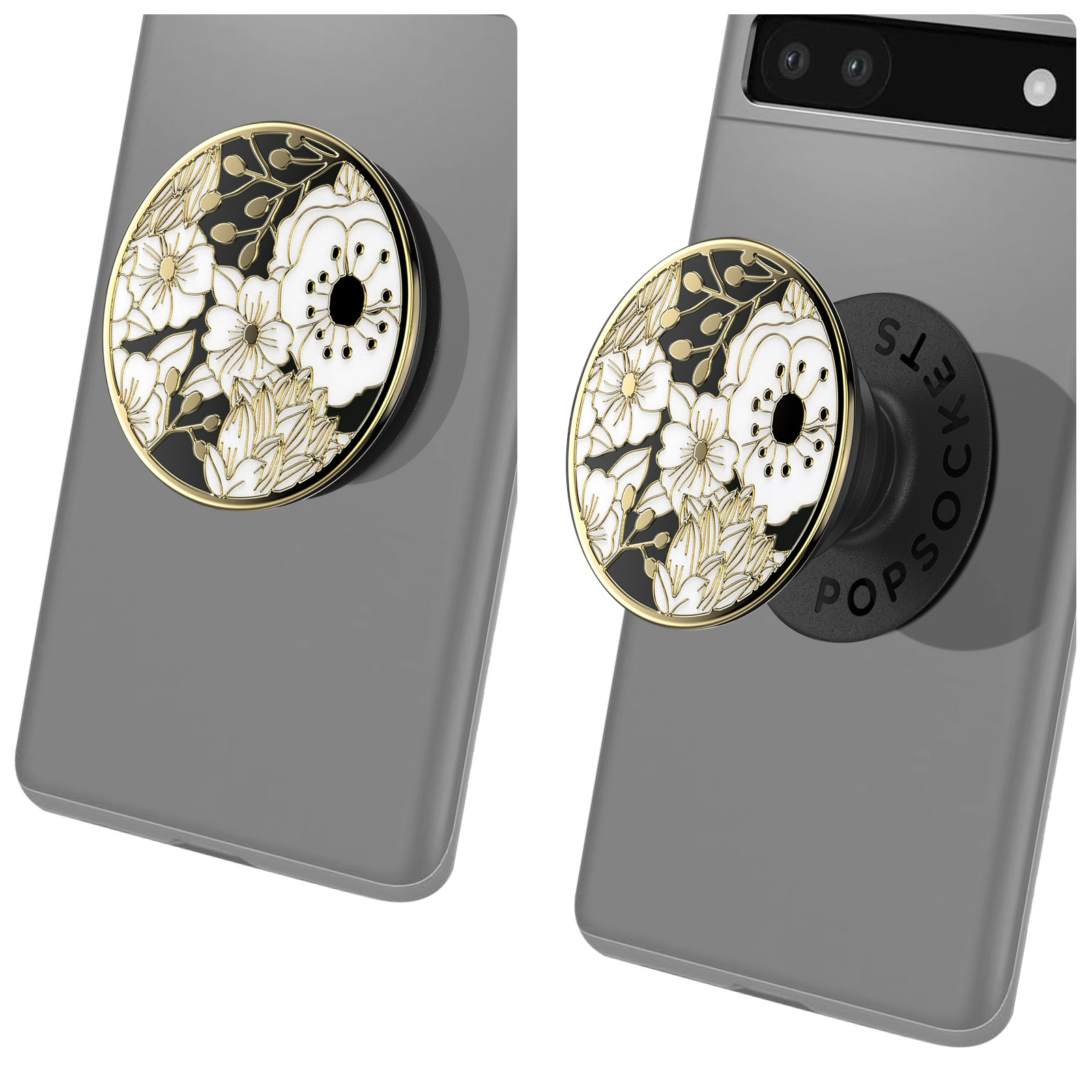 Due telefoni con PopSockets floreali. Design floreale nero, bianco e oro. Sfondo del telefono grigio. PopSocket è nero.