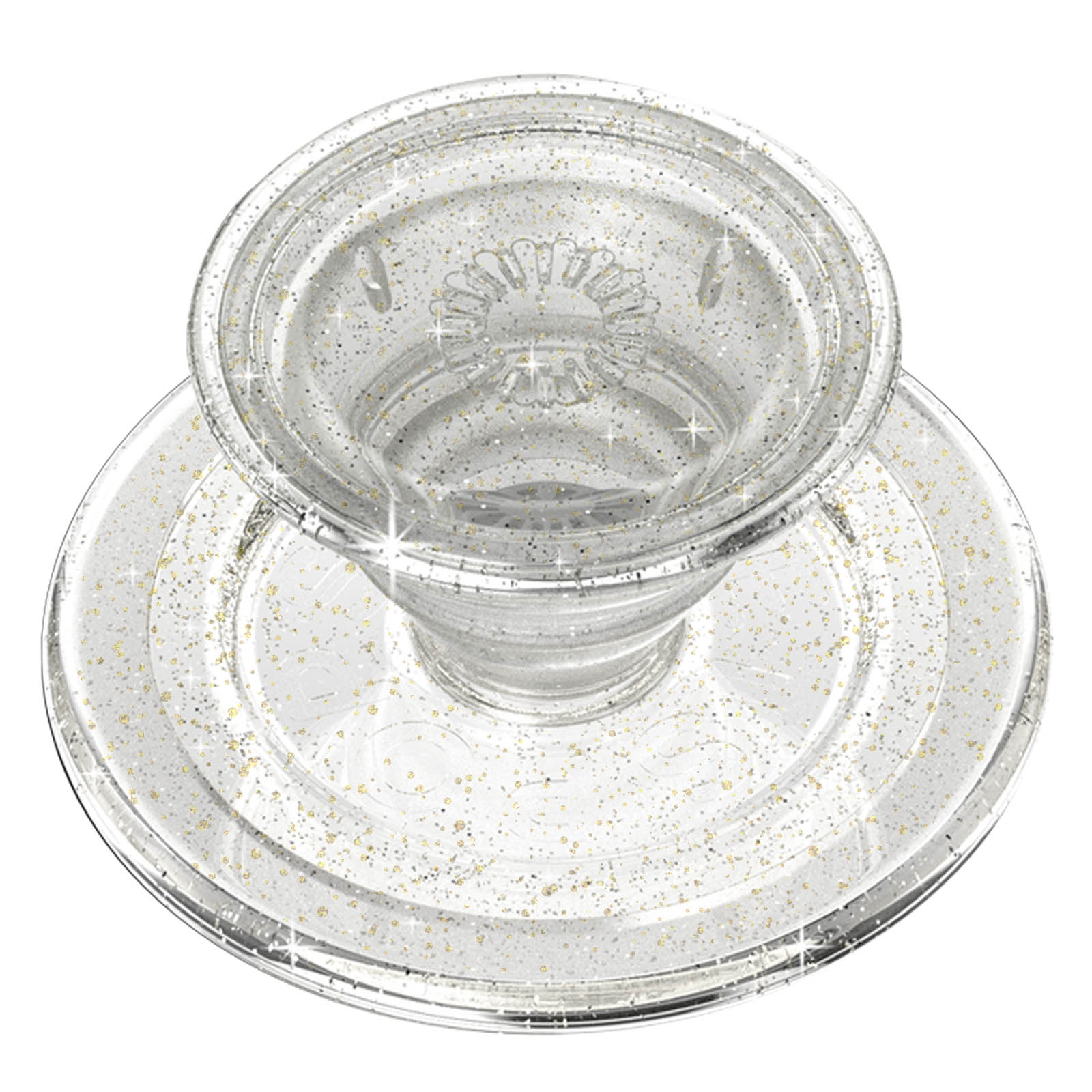 Soporte de teléfono transparente y brillante. Tiene una base circular con una parte superior en forma de copa. Brillos dorados esparcidos.