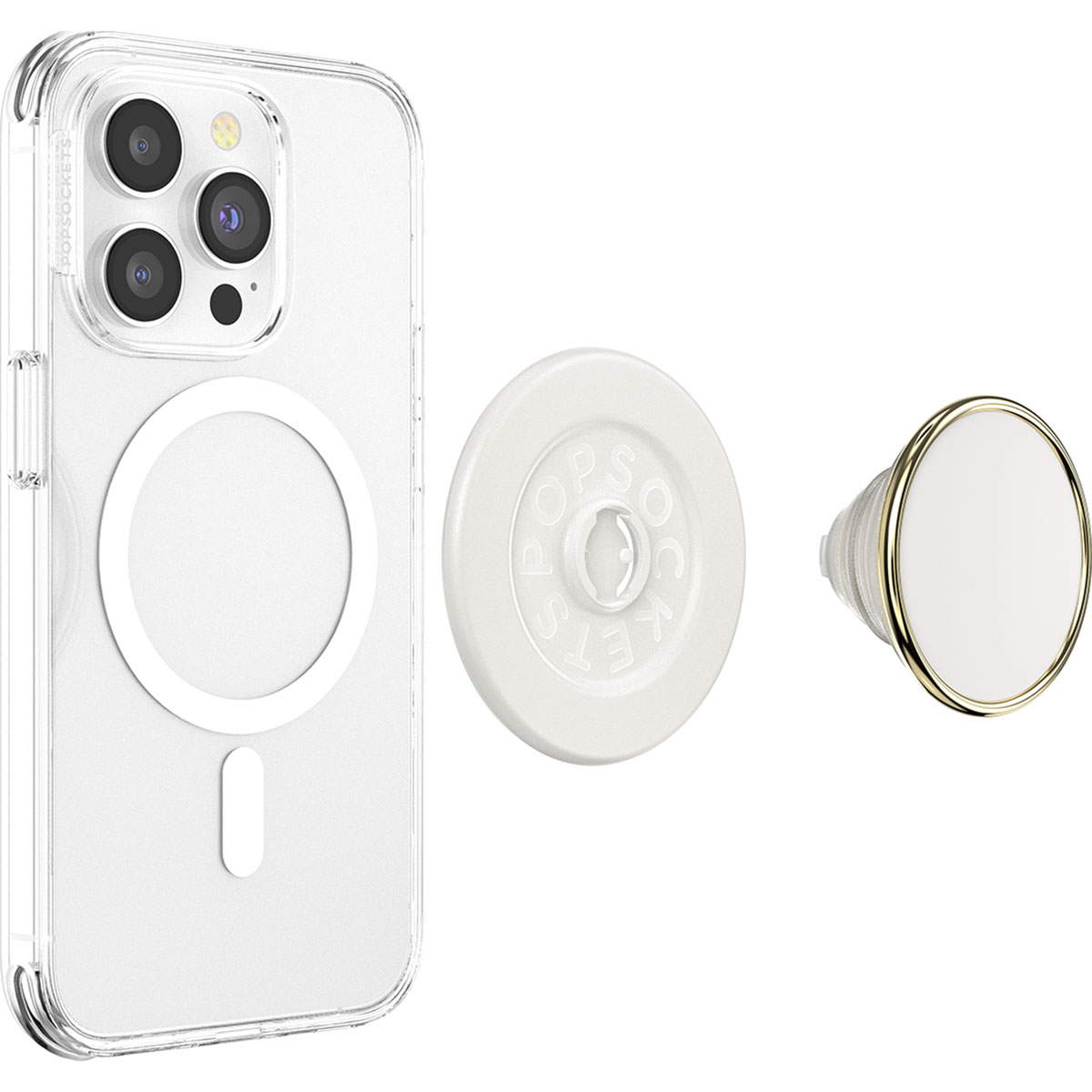 Eine transparente Handyhülle, ein weißer PopSocket mit Text und ein weißer PopSocket mit goldenem Rand auf weißem Hintergrund.
