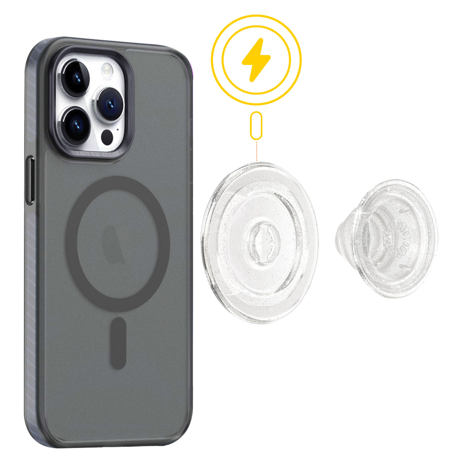 Una funda de teléfono con un círculo y un guión, un rayo y dos ventosas transparentes.