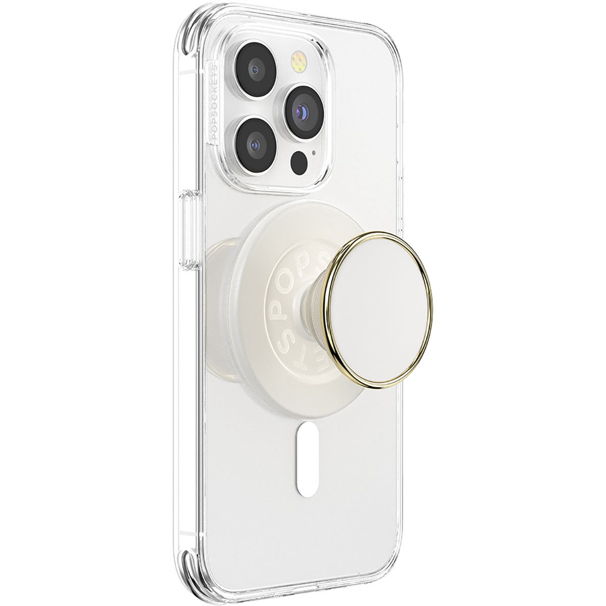 Eine transparente Handyhülle mit einem iPhone. Ein weißer PopSocket mit goldenem Rand ist angebracht. Das Telefon hat drei Kameralinsen.