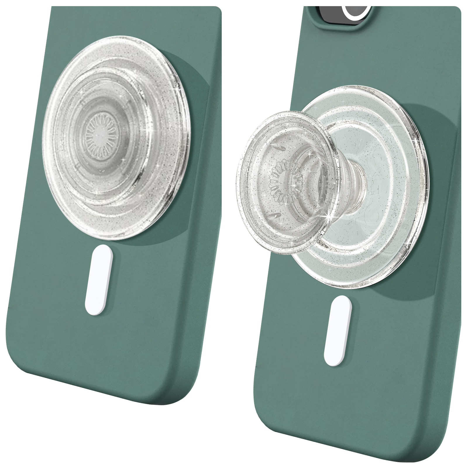 Funda de teléfono verde con PopSockets transparentes y brillantes. Uno está retraído, el otro extendido. Fondo blanco.