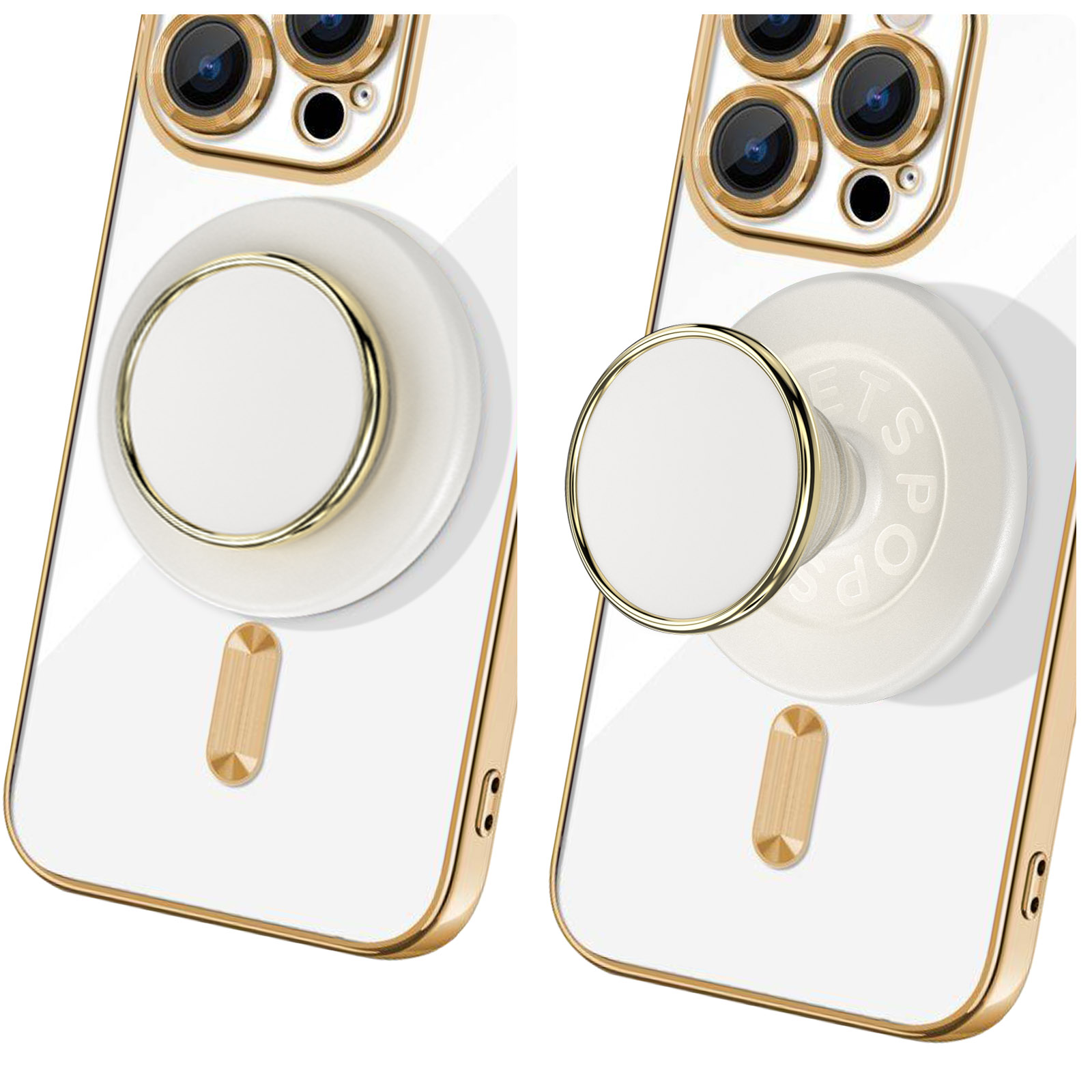 Zwei Telefone in weißen Hüllen mit Goldrahmen. Eines hat einen weißen PopSocket mit Goldring. Beide haben goldene Akzente.