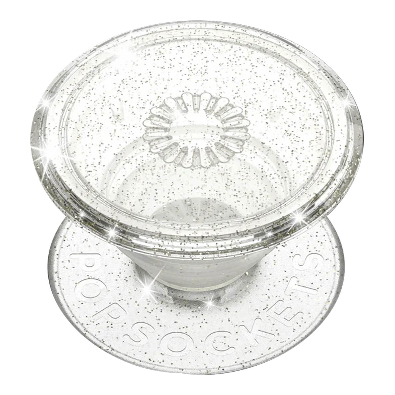 Un'impugnatura PopSockets trasparente con glitter. Ha una base rotonda con il nome del marchio. La parte superiore è rotonda, trasparente e strutturata.