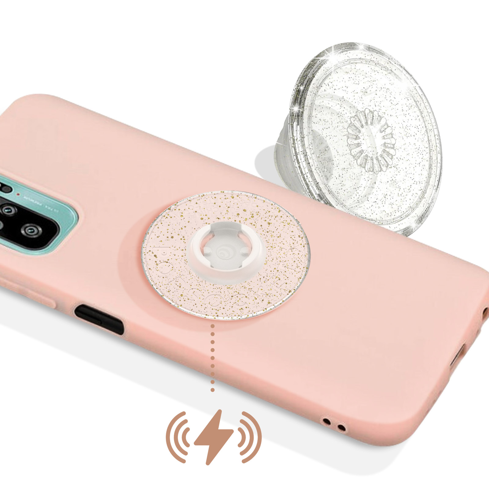 Custodia rosa con grip, icona di ricarica wireless e accessorio glitterato trasparente.