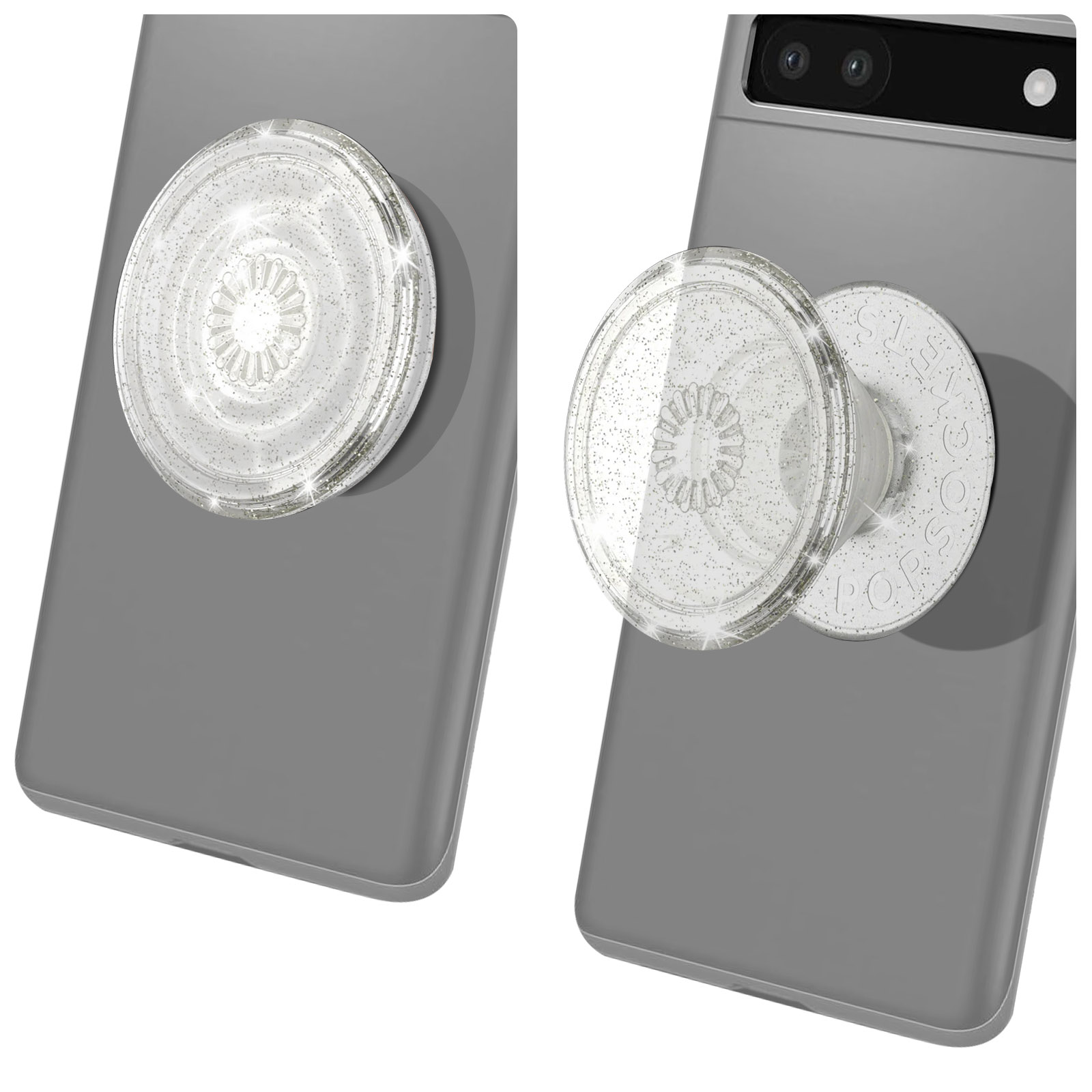 Due telefoni con Popsocket. Un Popsocket è staccato e l'altro è attaccato. Entrambi sono trasparenti e glitterati.