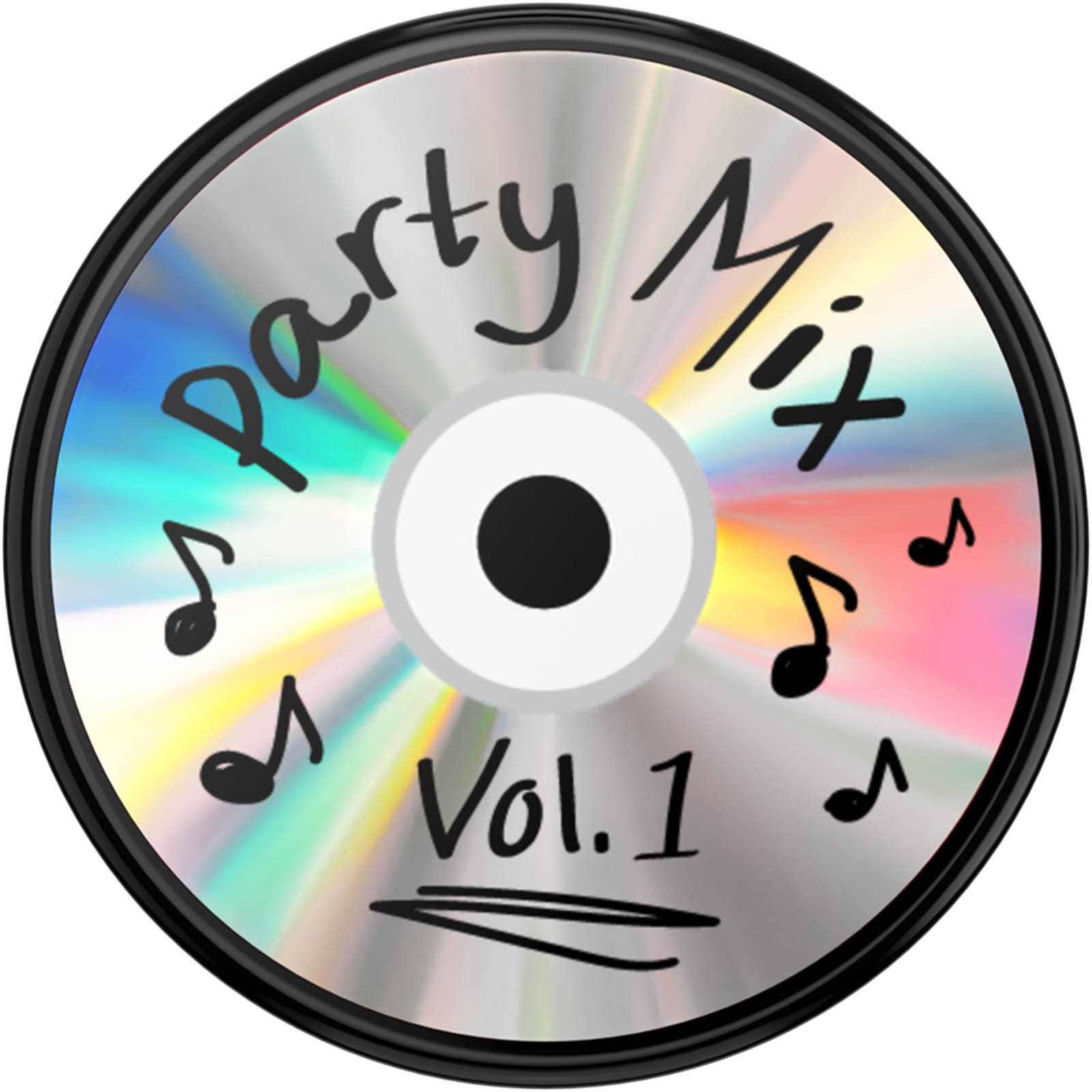 Eine CD mit der Aufschrift 'Party Mix Vol. 1'. Noten sind verstreut. Die CD hat einen schwarzen Rand.