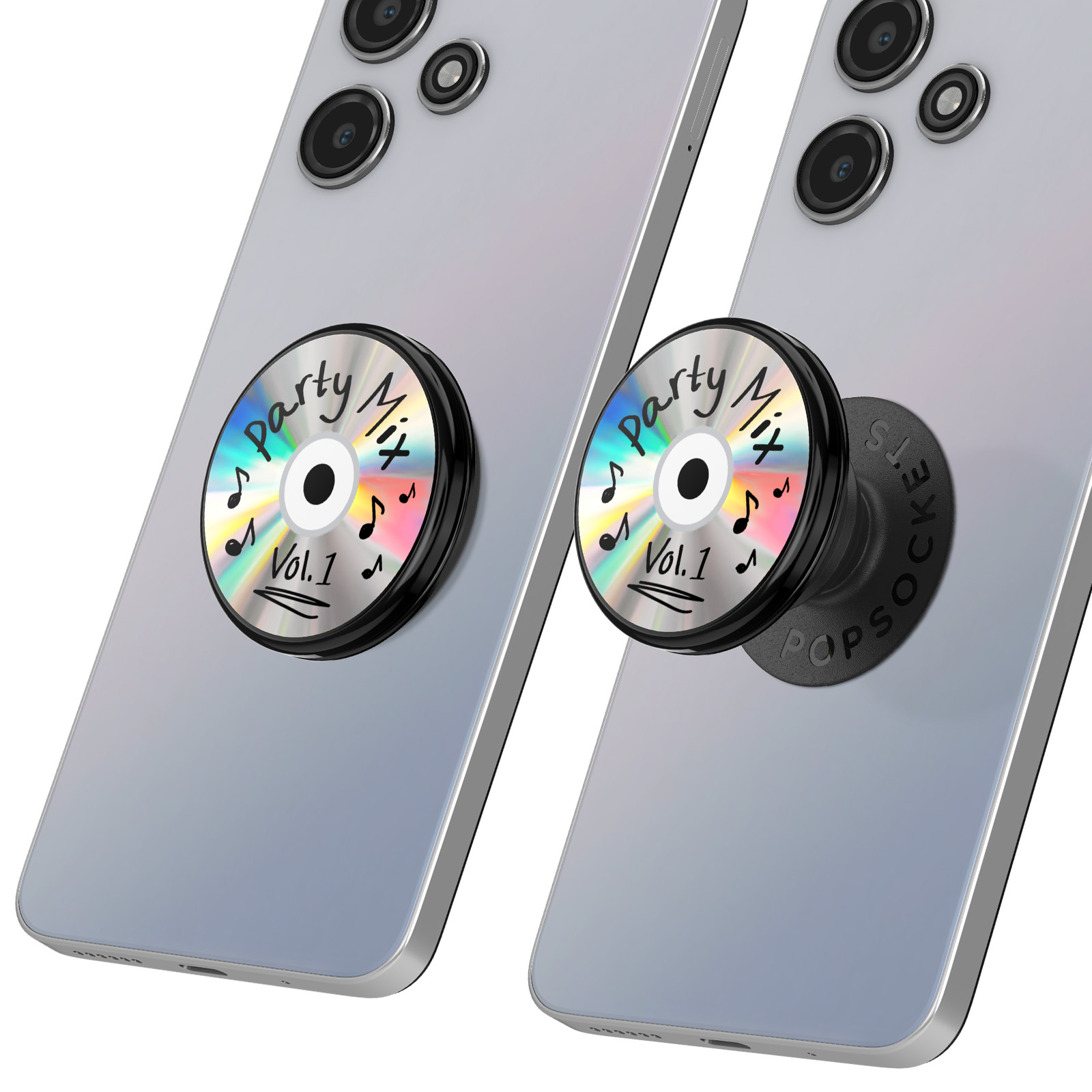 Zwei Telefone mit einem PopSocket. Jeder PopSocket hat ein Party-Mix-CD-Design. Das Telefon ist hellgrau.