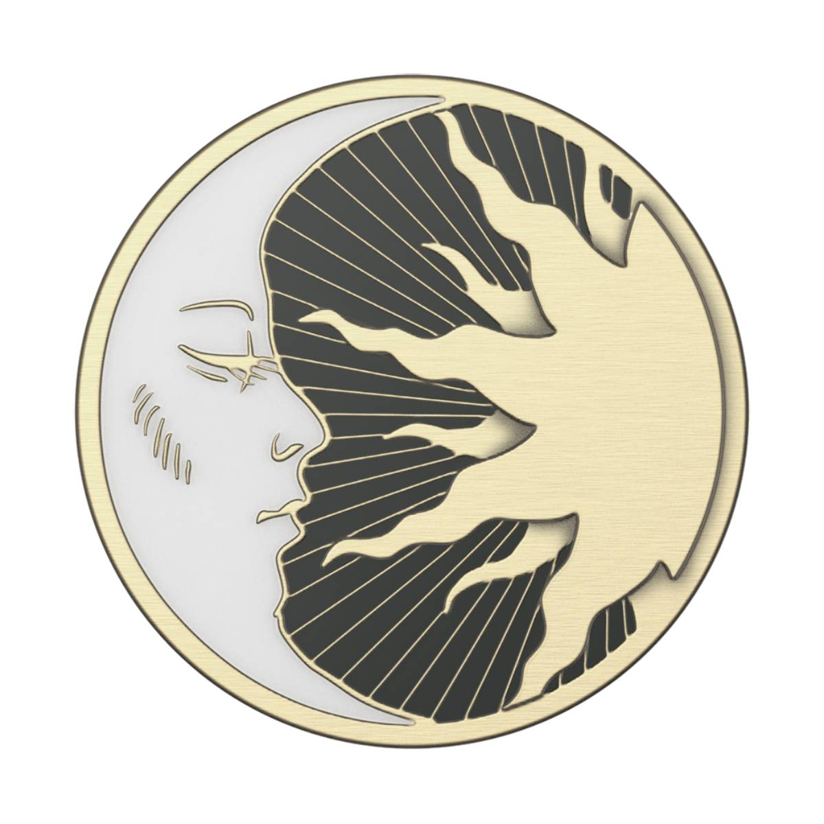 Ein kreisförmiges Emblem zeigt ein Halbmondprofil, das eine Sonne mit Strahlen auf schwarzem Grund küsst, mit goldenem Rand.