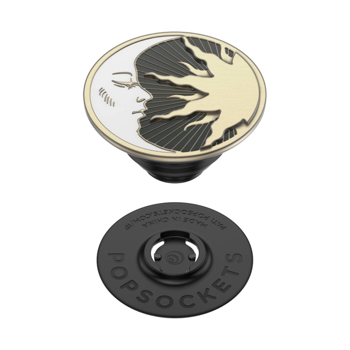Ein PopSockets-Telefonhalter mit Mond- und Sonnendesign. Die Basis ist schwarz. Die Oberseite ist ein Kreis mit einem Gold- und Schwarzentwurf auf weißem Grund.