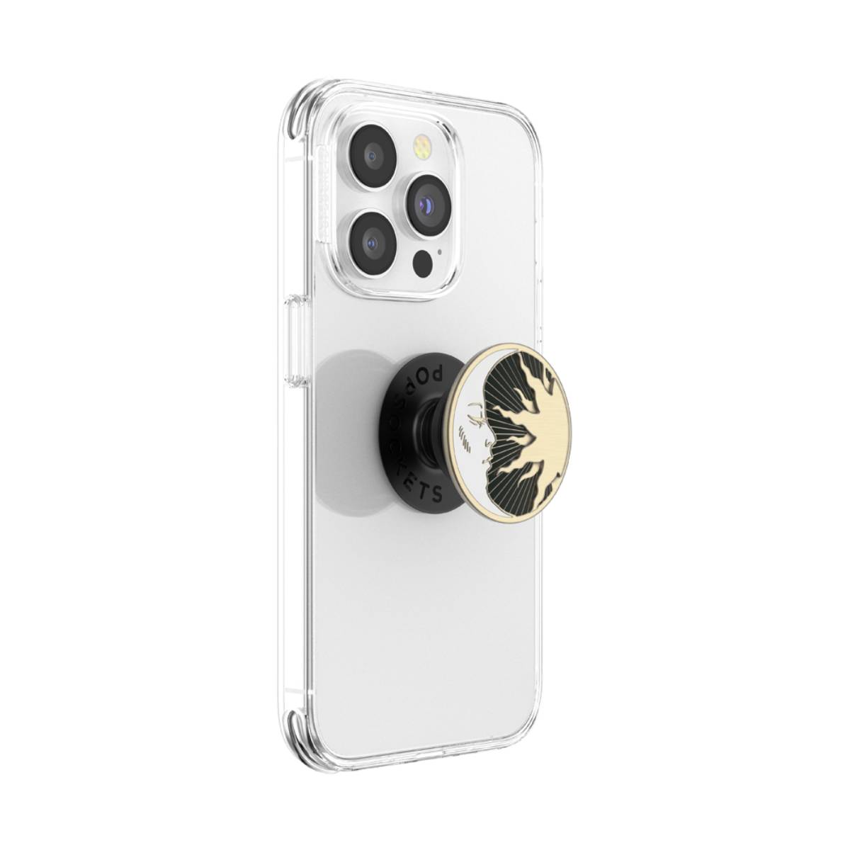 Ein klares iPhone mit einem PopSockets. Das PopSockets hat einen schwarzen Sockel und ein goldenes und schwarzes Design. Das Telefon ist in einer durchsichtigen Hülle.