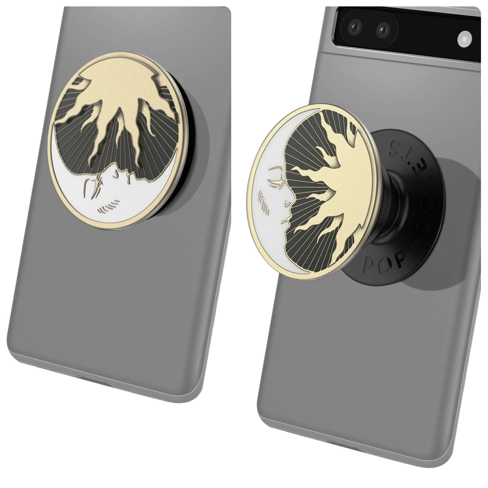 Zwei Telefone mit PopSockets mit Sonne und Mond. Eines zeigt die Sonne, das andere den Mond. Beide sind auf grauen Telefonen.