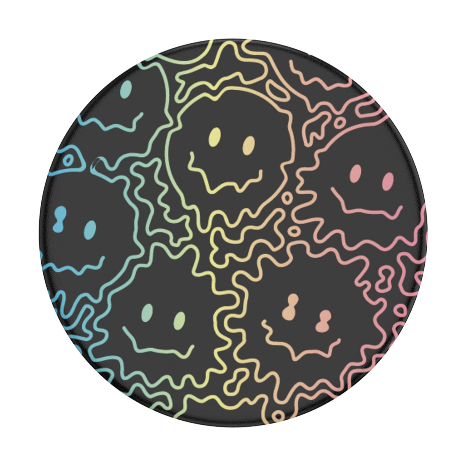 Pop socket circolare nero con faccine sorridenti. I volti hanno contorni sfumati in blu, giallo e rosa.