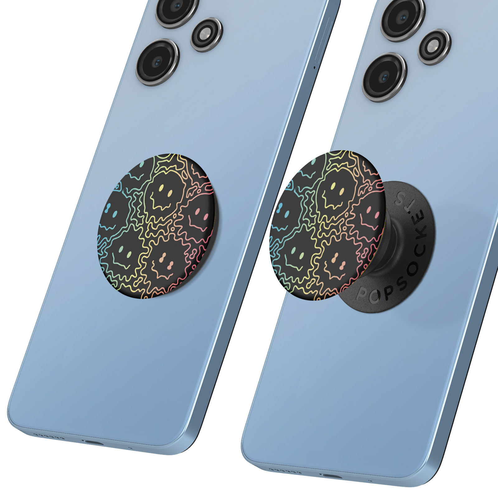 Due telefoni azzurri con PopSockets a forma di faccina sorridente. I PopSockets hanno sfondi neri con faccine colorate.