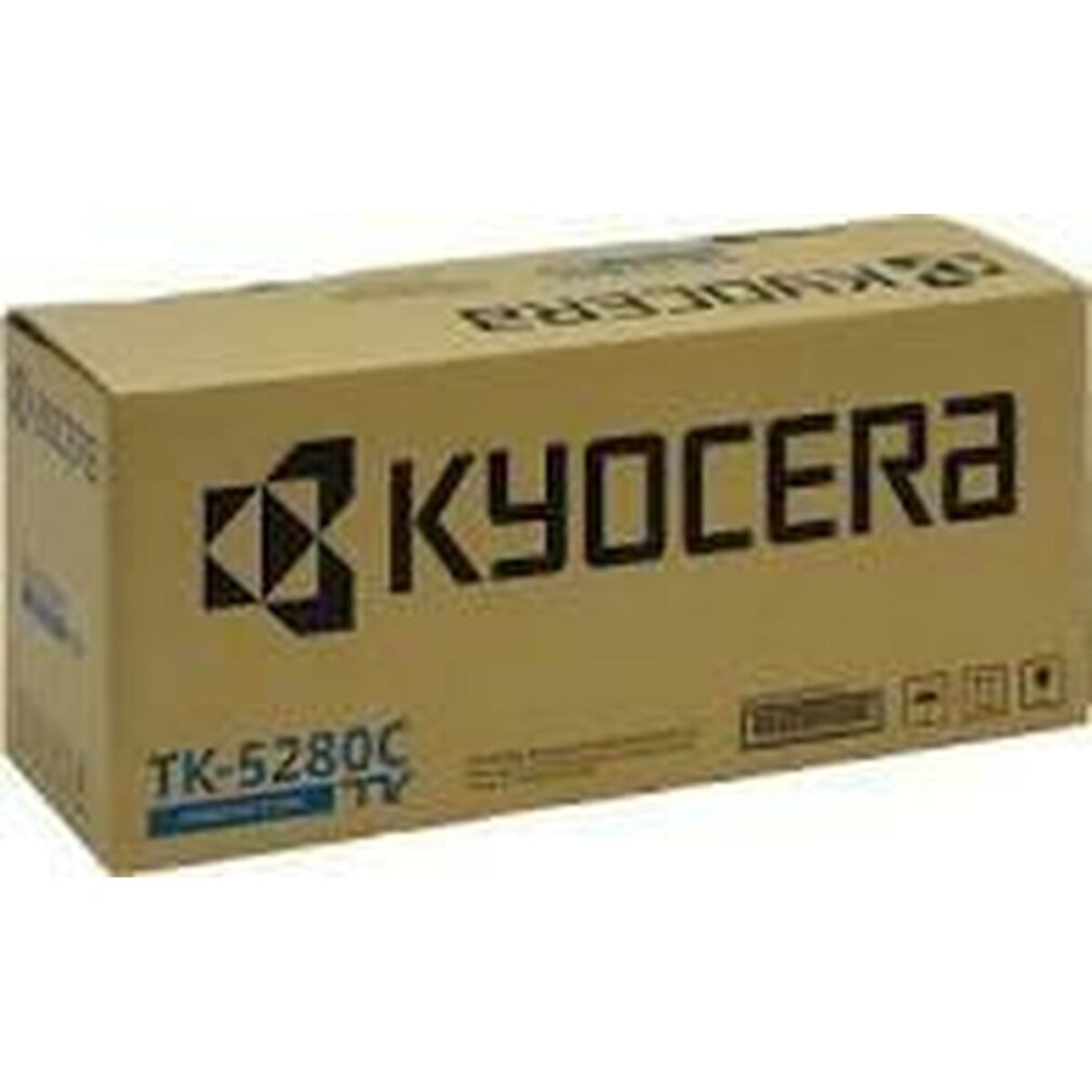 Kartonowe pudełko z tonerem do drukarki Kyocera. Jest beżowe z czarnym tekstem i logo. Numer modelu to TK-5280C.