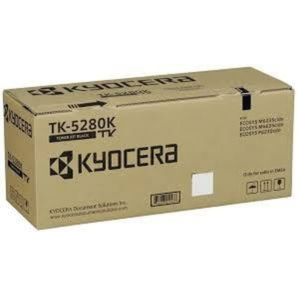 Beżowe pudełko z tonerem Kyocera z czarnym tekstem. Czyta TK-5280K, logo Kyocera. Kod kreskowy i symbole bezpieczeństwa są na pudełku.
