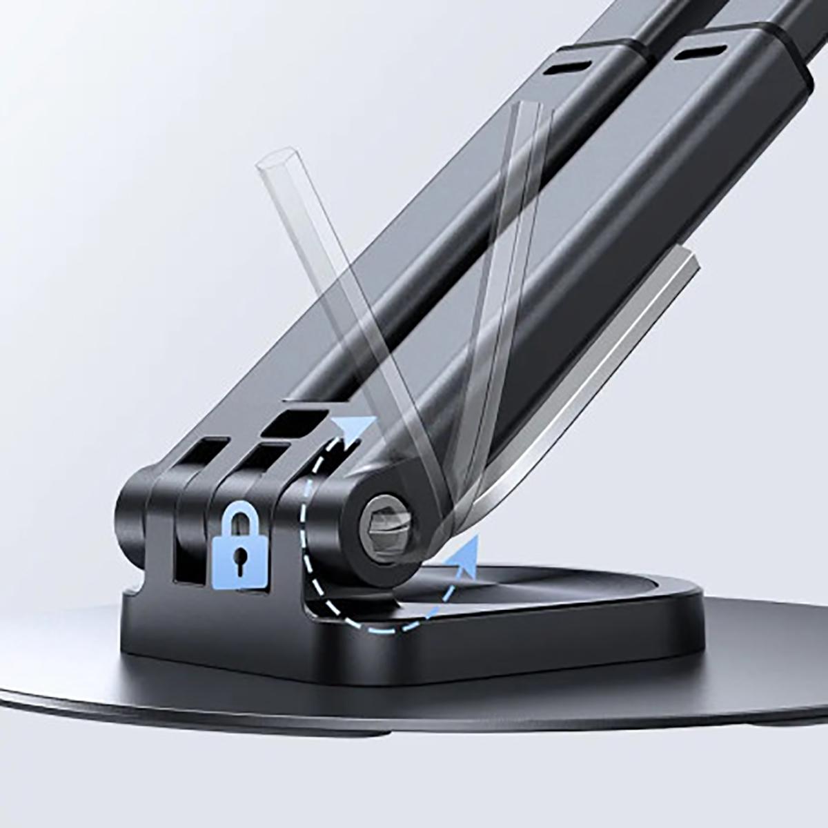 Primo piano di un supporto per laptop nero, con giunti regolabili. Le frecce indicano il movimento. Icona lucchetto blu visibile.