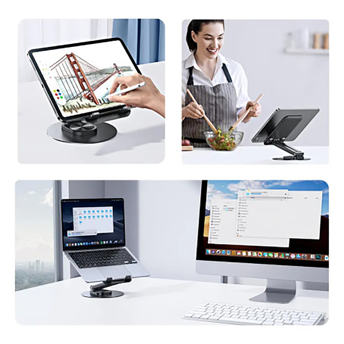 L'immagine mostra un tablet, un laptop e un computer con supporti. Una persona disegna sul tablet. Un'altra sta cucinando. L'ultimo è su una scrivania.