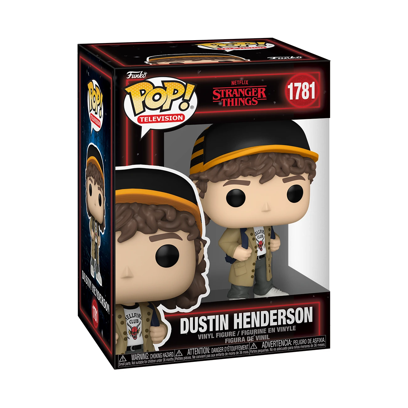 Caja Funko Pop con Dustin Henderson de Stranger Things. La figura usa sombrero y chaqueta. La caja tiene la marca del programa.