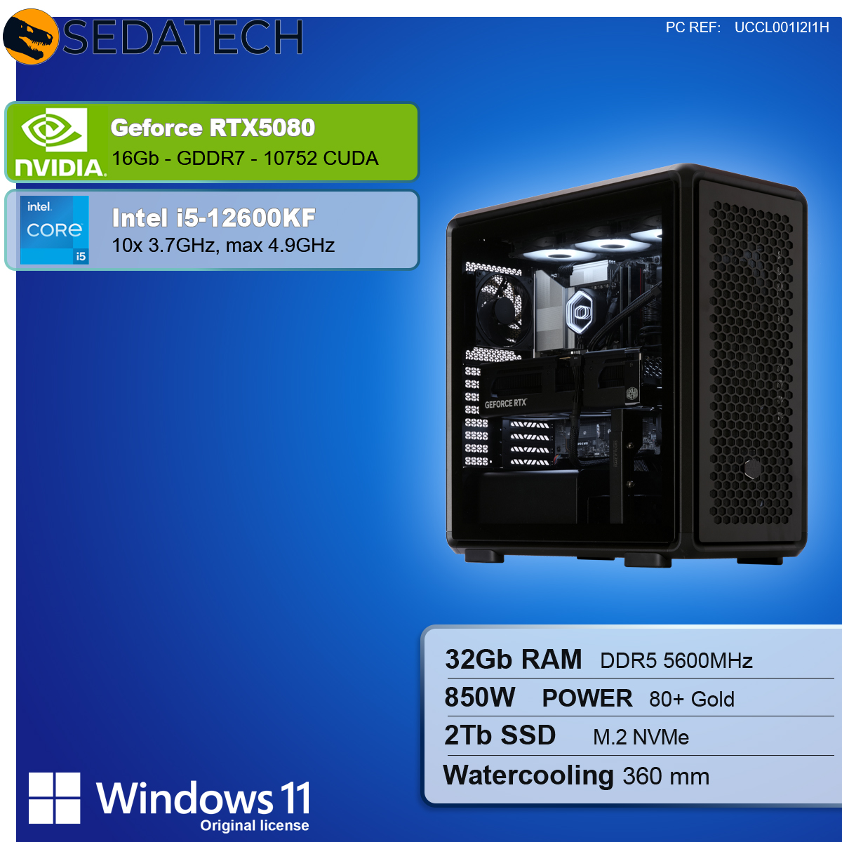 Un case per computer con componenti. Le specifiche includono: RTX 5080, Intel i5, 32GB RAM, 2TB SSD e Windows 11.