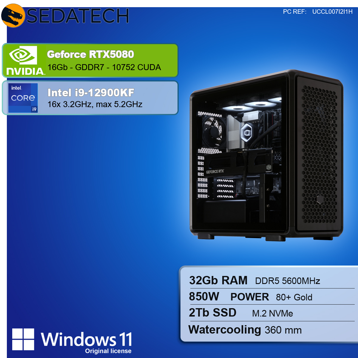 Un case per computer con componenti interni. Il testo mostra le specifiche: RTX5080, i9-12900KF, 32GB RAM, 2TB SSD e Windows 11.