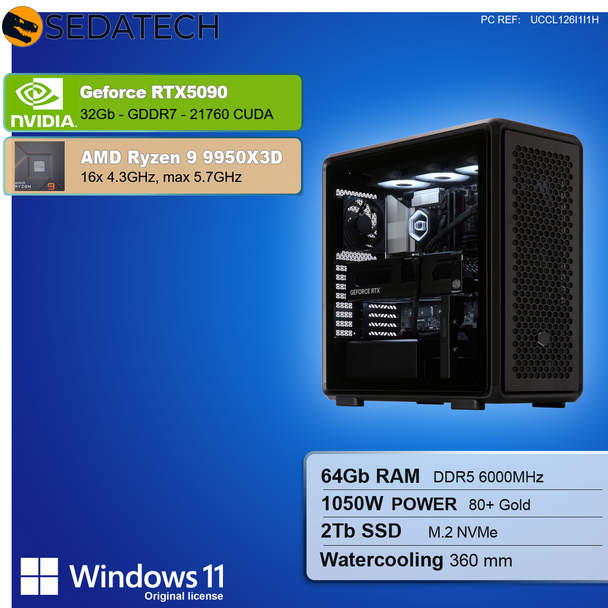 Obudowa komputera z podświetlonymi komponentami. Tekst opisuje Geforce RTX5090, AMD Ryzen 9, 64 GB RAM, 1050 W mocy, 2 TB SSD i Windows 11.