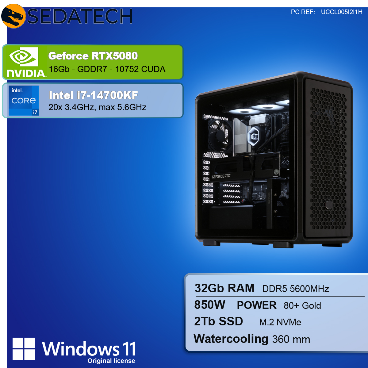 Un case per computer con componenti come scheda grafica e CPU è in mostra. Il testo indica le specifiche come RAM, SSD e raffreddamento a liquido.