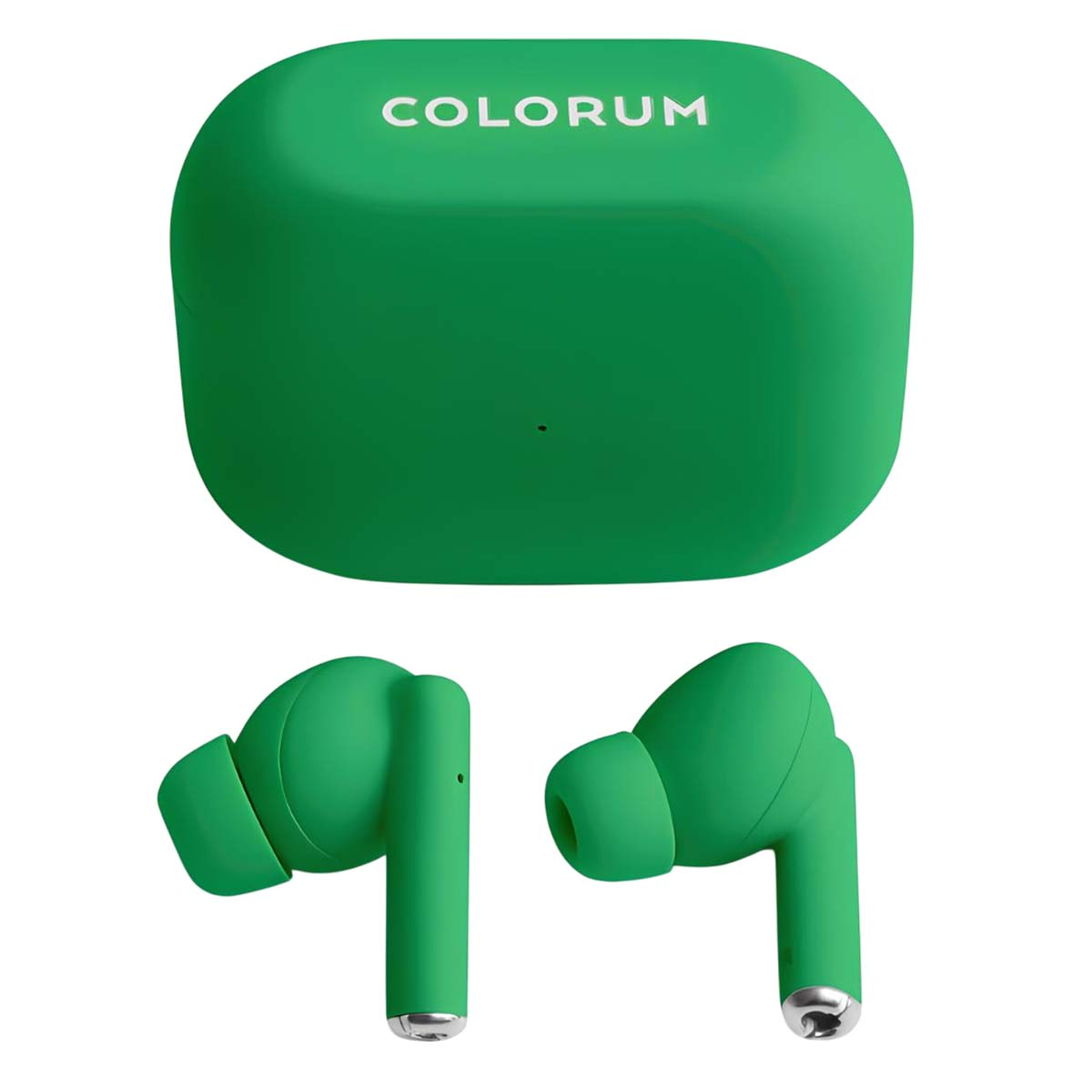 Auricolari e custodia di ricarica verdi. Sulla custodia c'è la scritta COLORUM. Due auricolari sotto la custodia.