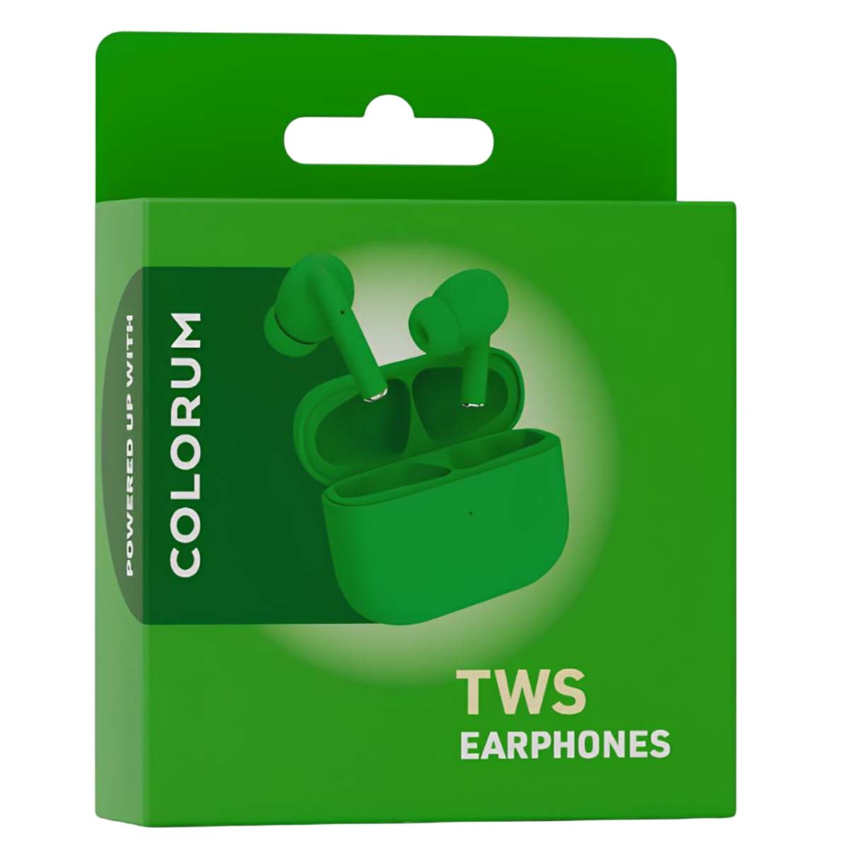 Una scatola verde con la scritta "COLORUM" e "TWS EARPHONES". All'interno sono visibili auricolari wireless verdi.