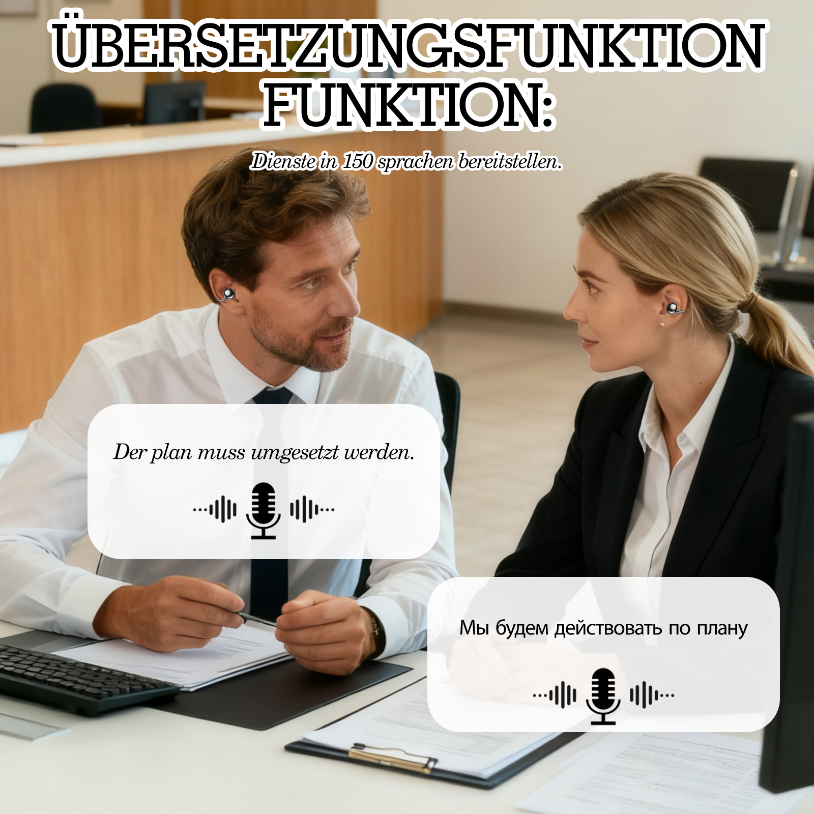 Zwei Personen mit Ohrhörern in einem Meeting. Text: Übersetzungsfunktion. Dienste in 150 Sprachen.