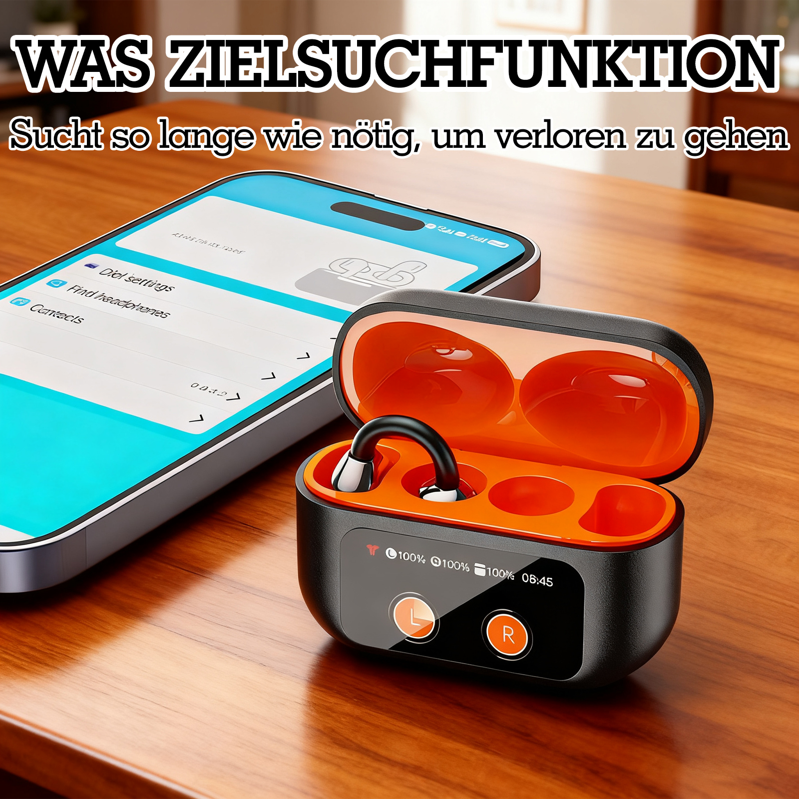 Auf einer Holzoberfläche befinden sich ein Telefon und ein Ladeetui für Ohrhörer. Das Etui ist geöffnet und zeigt Ohrhörer.
