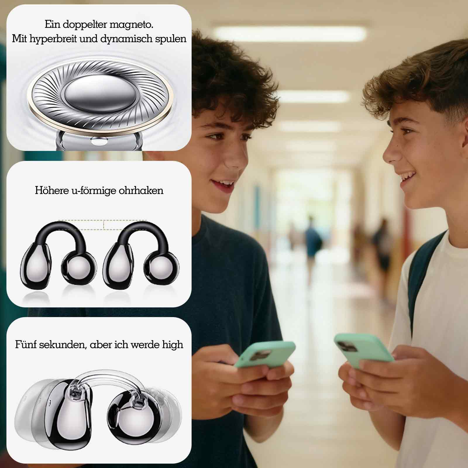 Zwei Jungen in einem Flur, die auf Telefone schauen. Kopfhörer sind im Bild mit deutschem Text abgebildet, der sie beschreibt.