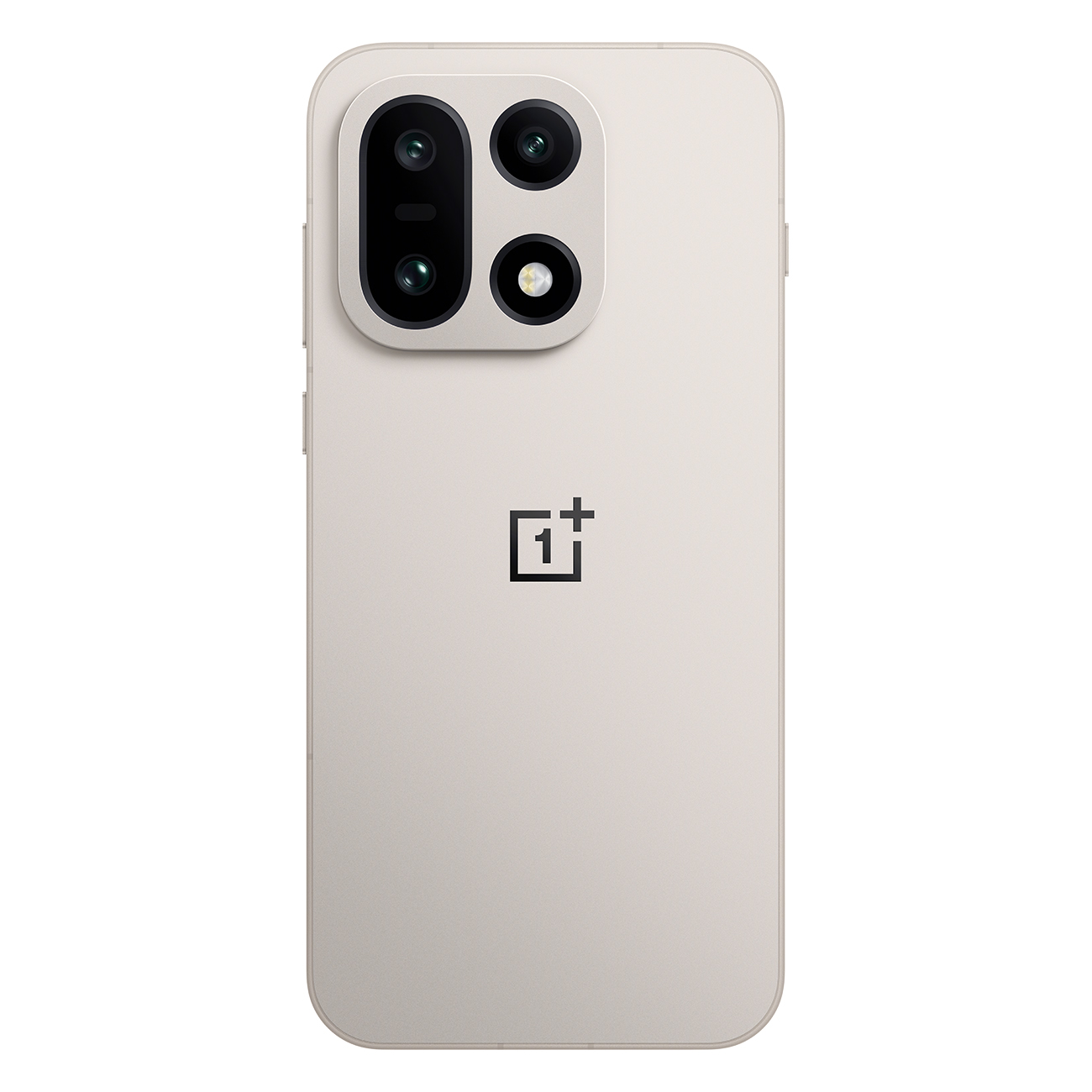 Een beige smartphone achterkant met een camera-opstelling en het OnePlus-logo. De cameramodule heeft drie lenzen.