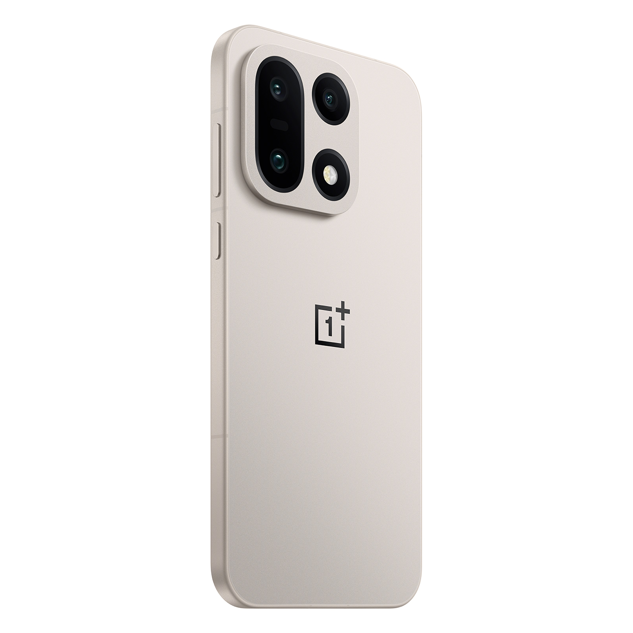 Een beige smartphone met een zwarte cameramodule en het OnePlus-logo. Hij staat schuin, met de achterkant en zijkant zichtbaar.