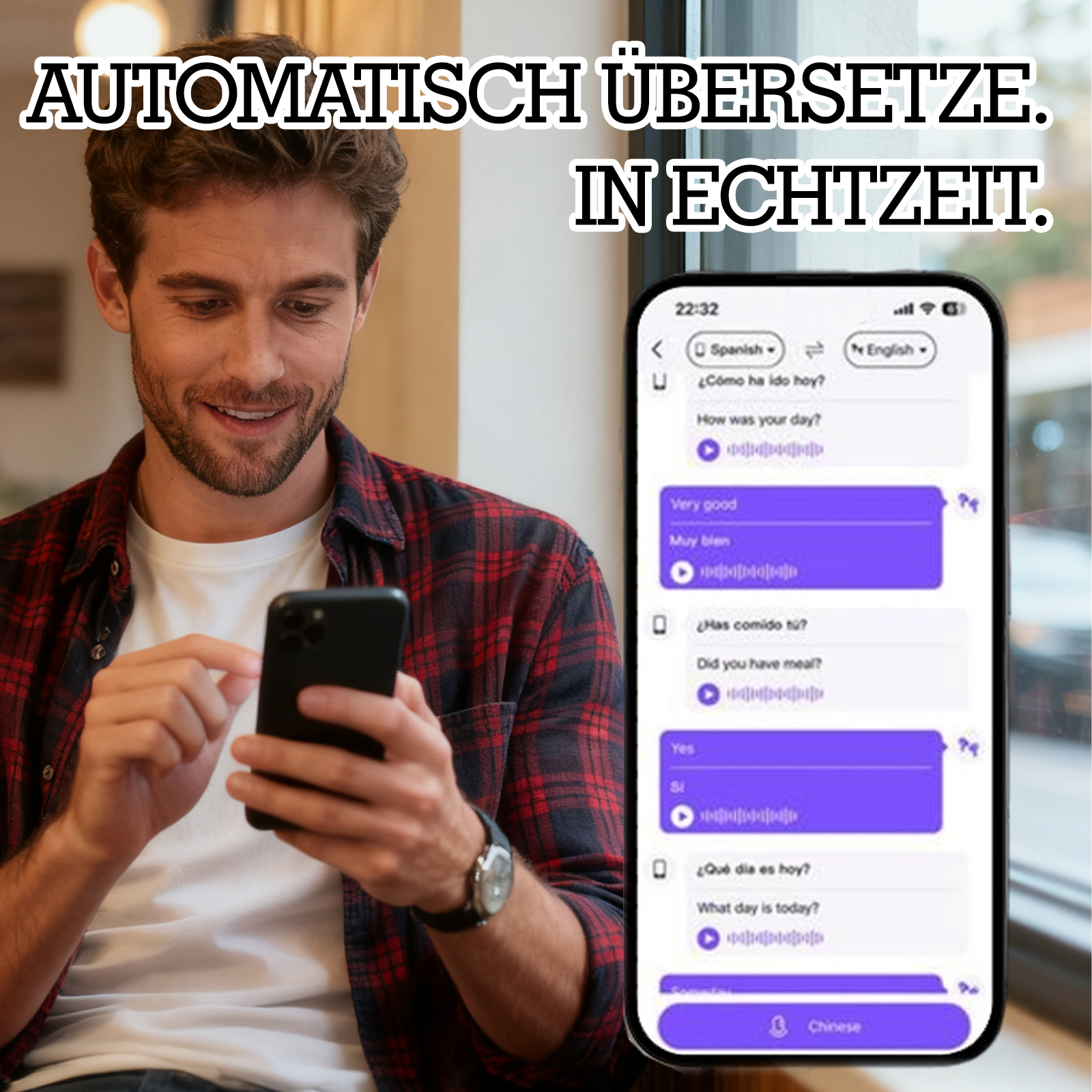 Ein Mann lächelt, während er ein Telefon hält, das Echtzeitübersetzung zeigt. Der Text oben lautet 'Automatisch übersetzen'.