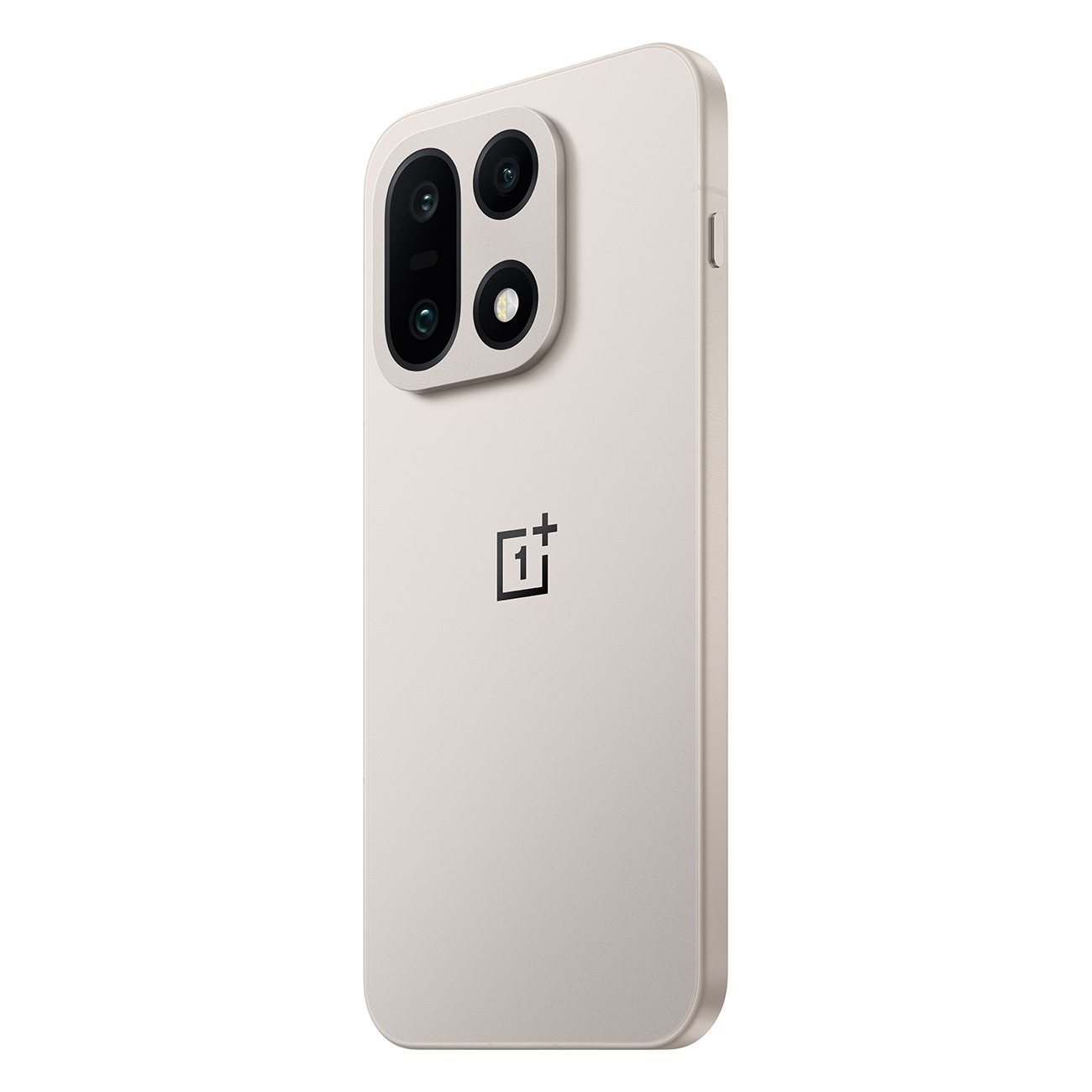 Een beige smartphone met een rechthoekige cameramodule en het OnePlus-logo. De achtergrond is wit.