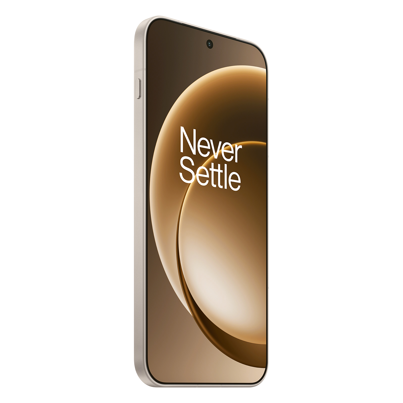 Een smartphone met een gebogen scherm wordt onder een hoek weergegeven. Het scherm heeft de woorden 'Never Settle' en een camera.