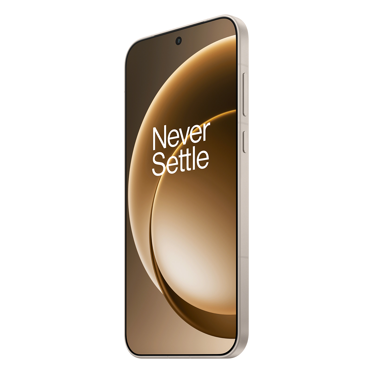 Een smartphone met een goudkleurig scherm toont de woorden 'Never Settle'. De telefoon heeft een goudkleurig frame en een camera.