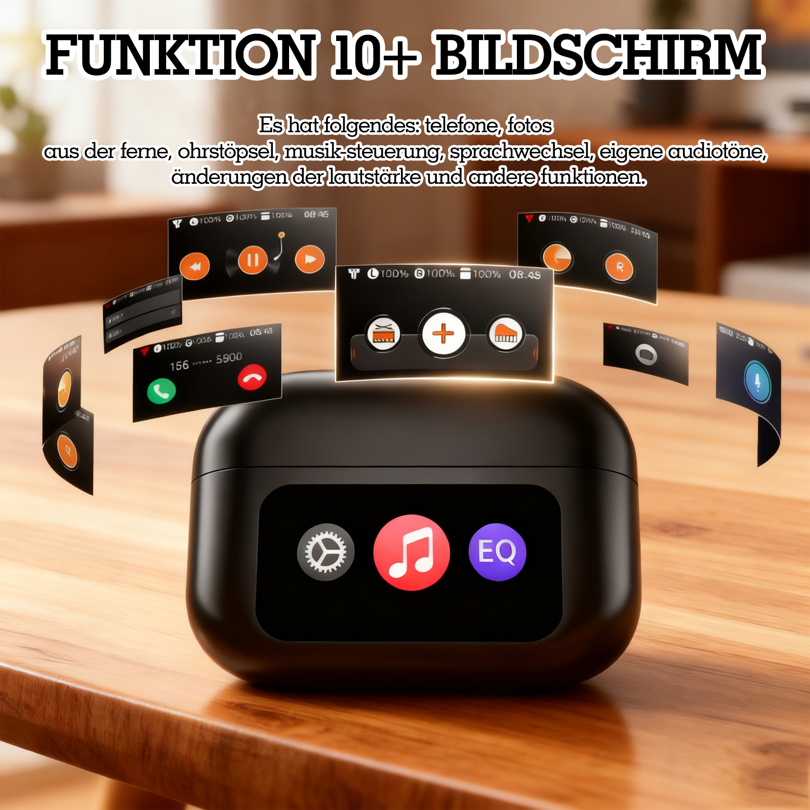 Schwarze Ohrhörer zeigen mehrere App-Symbole, darunter Musiksteuerungen, auf einer Holzoberfläche.